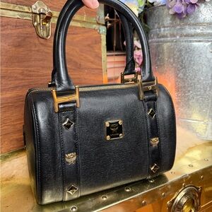 MCM Black Saffiano Boston with Gold Hardware